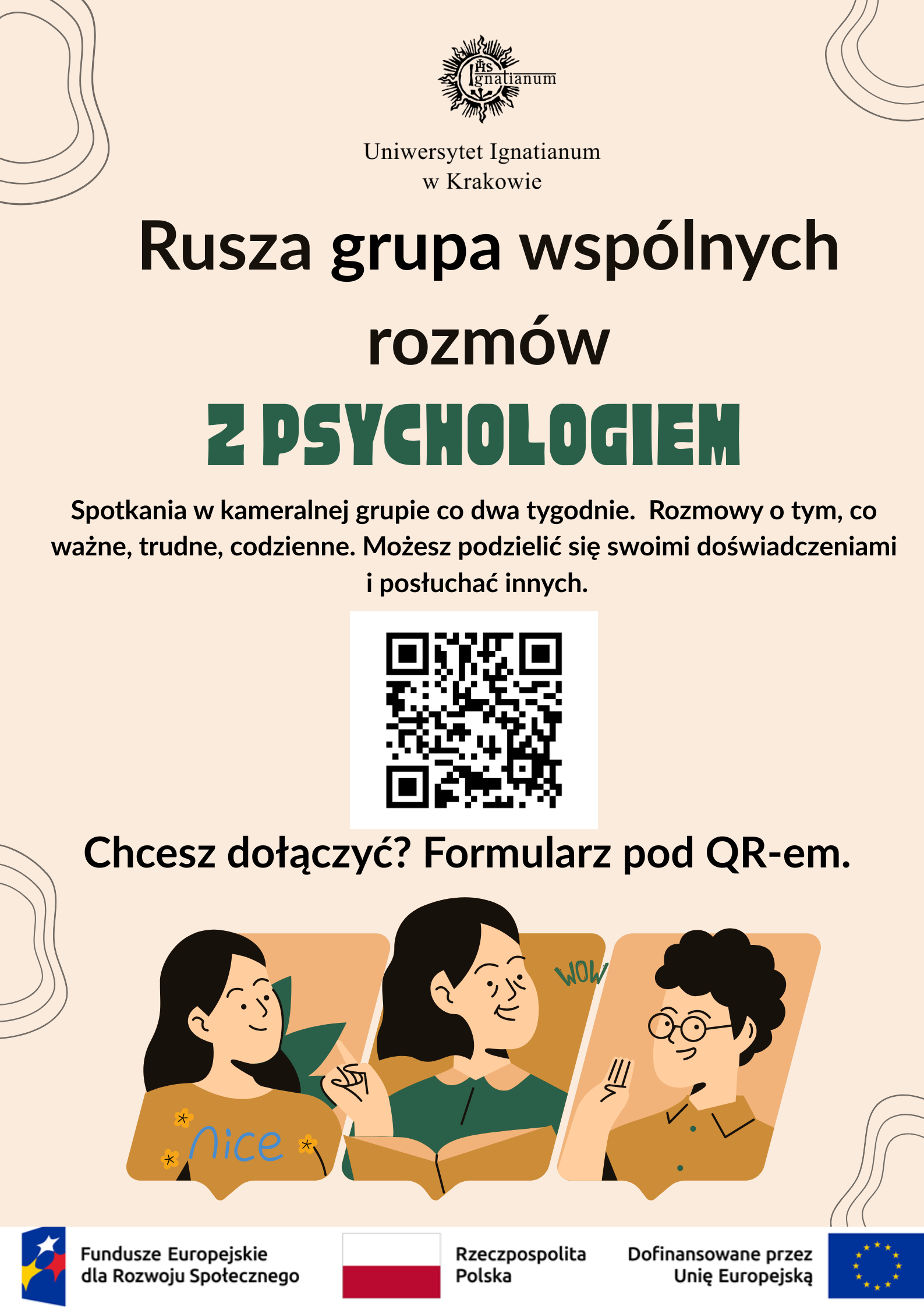 Plakat informujący o nowej grupie wraz z kodem QR