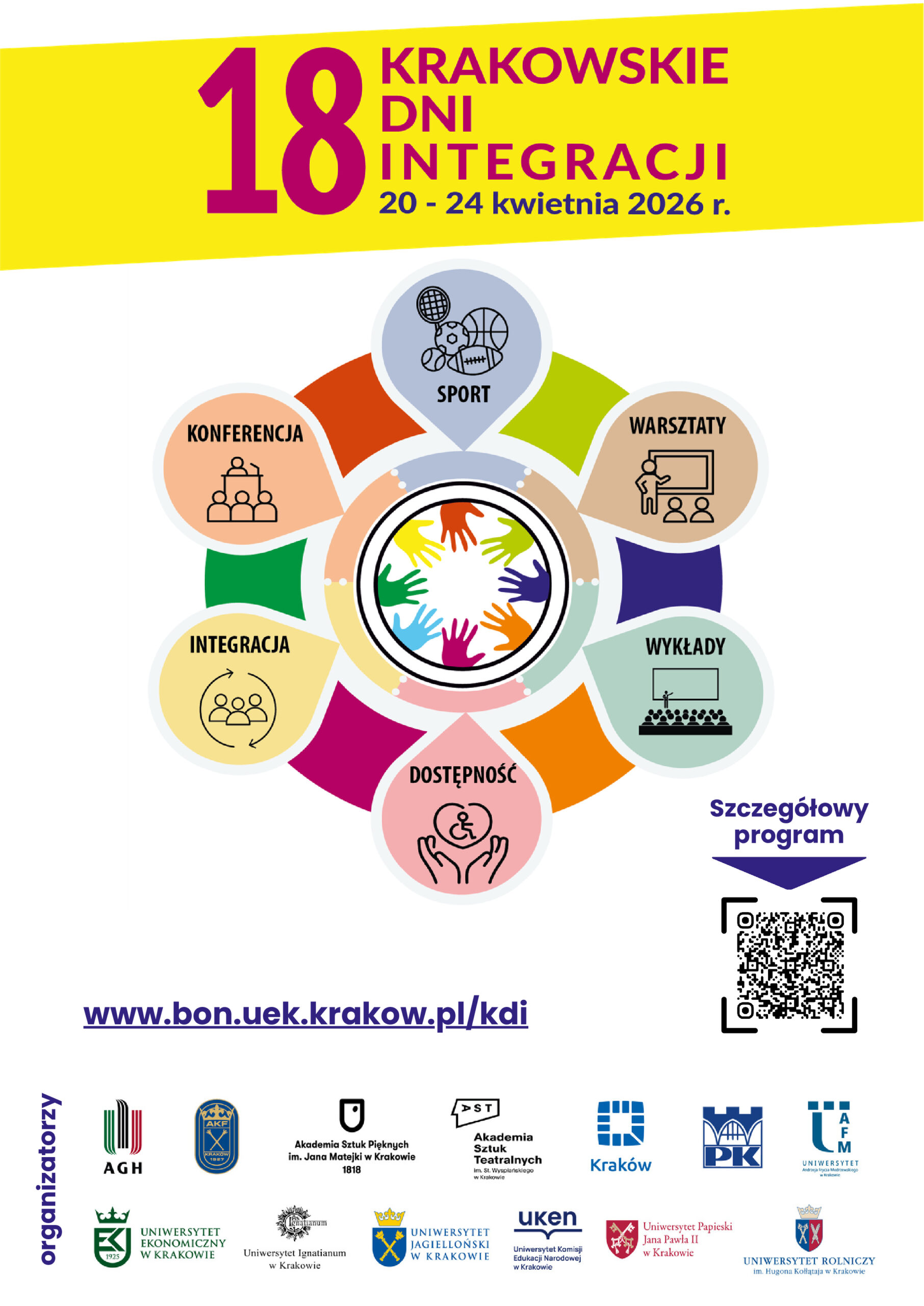 Plakat informacyjny wydarzenia „18 Krakowskie Dni Integracji”, które odbędzie się w dniach 20–24 kwietnia 2026 roku. W górnej części znajduje się duży napis z nazwą wydarzenia na żółtym tle. Centralnie umieszczona jest grafika w formie koła z kolorowymi elementami i symbolami dłoni, reprezentująca współpracę i różnorodność. Wokół niej znajdują się sekcje tematyczne: konferencja, sport, warsztaty, wykłady, dostępność oraz integracja – każda oznaczona ikoną i innym kolorem. Po prawej stronie widoczny jest kod QR z podpisem „Szczegółowy program”. Na dole znajduje się adres strony internetowej www.bon.uek.krakow.pl/kdi oraz logotypy organizatorów i partnerów, w tym krakowskich uczelni i instytucji.